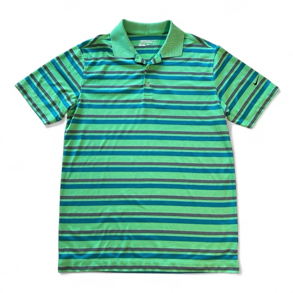 Men’s Nike Golf Tour Performance Green Blue Purple Striped Polo Shirt, Medium